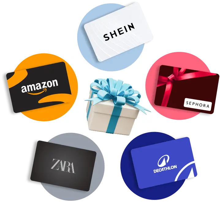 Cadeau au centre entouré de plusieurs lots à gagner : AirPods Pro 2 à 164 €, machine Nespresso Creatista Plus à 499 €, casque Sony WH-1000XM à 299 € et Apple Watch SE 2 à 162 €