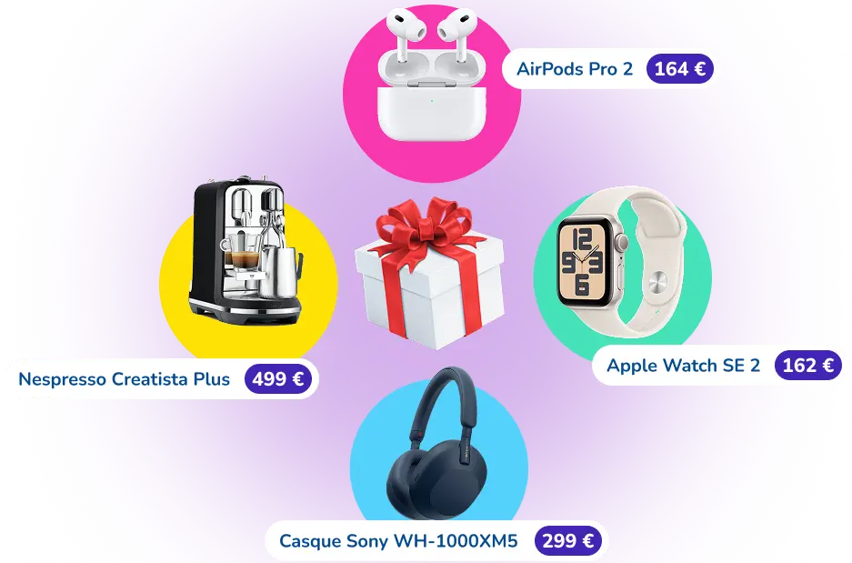 Cadeau au centre entouré de plusieurs lots à gagner : AirPods Pro 2 à 164 €, machine Nespresso Creatista Plus à 499 €, casque Sony WH-1000XM à 299 € et Apple Watch SE 2 à 162 €